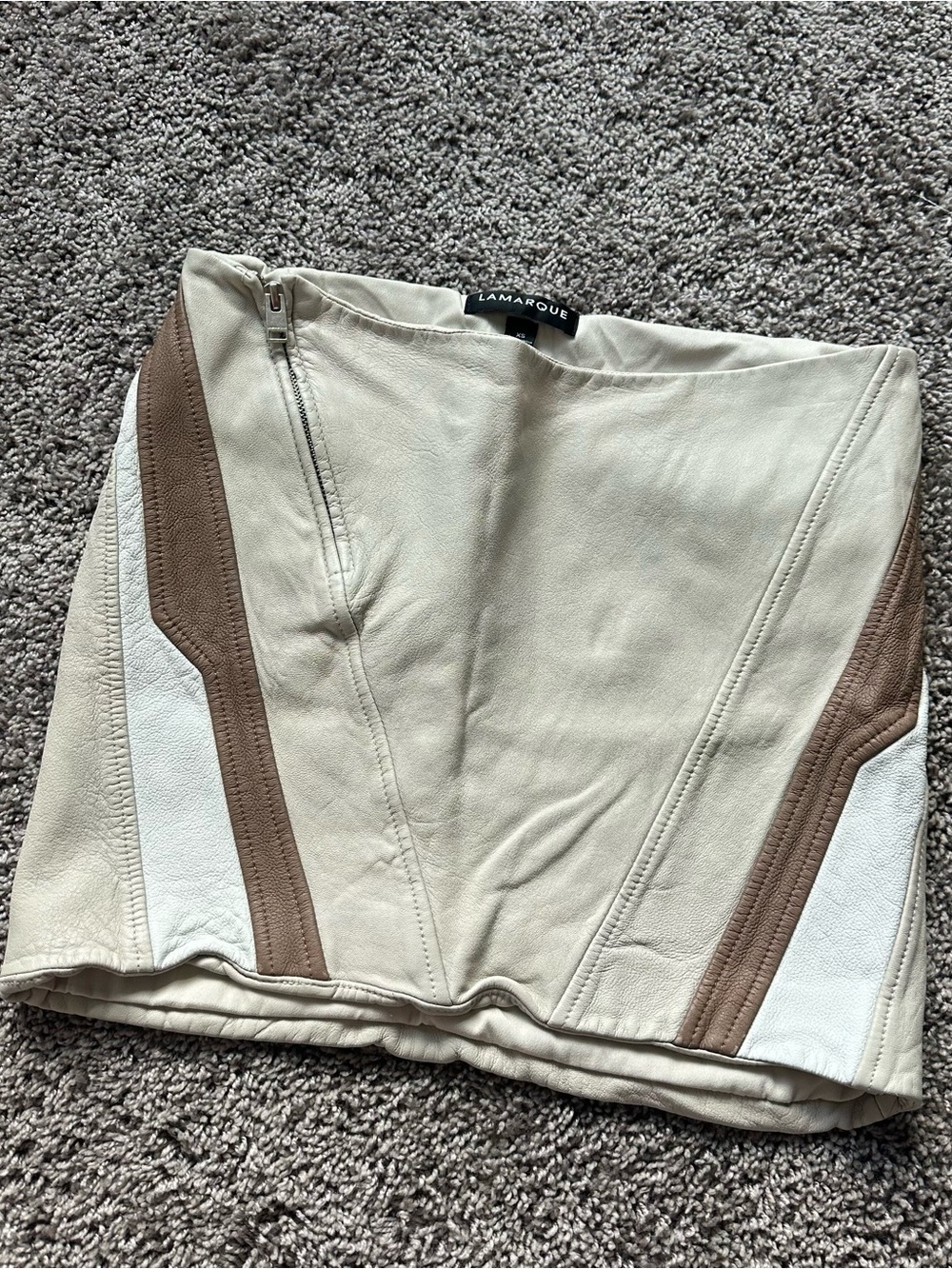 Lamarque Cream and Brown 100% Lam Leather Mini Skirt